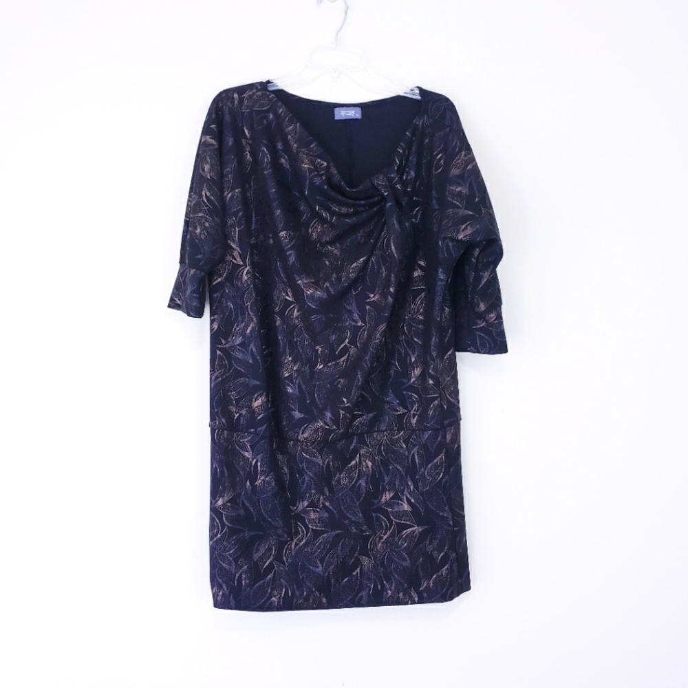 Figwood Black Brown Tan Floral Print Dress Size Large Twist Neck